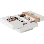 Table basse carr�e 70x70 cm avec plateau coulissant et rangements cach�s, blanc brillant