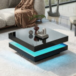 Table basse carr�e 70x70x36 cm avec �clairage led, en bois, noire laqu�