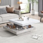 Table basse carre 70x70x36 cm, plateau pivotant  360, base en marbre, tagre encastre en dessous, ...