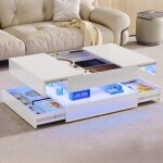 Table basse carr�e 78 cm, avec �clairage led rgb t�l�command� par app - plateau brillant, grand rangement ...