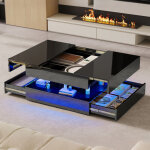 Table basse carr�e 78 cm, avec �clairage led rgb t�l�command� par app - plateau brillant, grand rangement ...