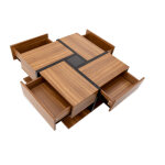 Table basse carr�e 78x78 cm avec 4 tiroirs, design artistique noir et bois