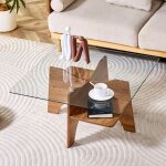 Table basse carr�e 80x80x40 cm en verre tremp� - pieds mdf effet bois noyer - design moderne - pour salon, ...