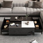 Table basse carre brillante avec tiroirs, 75x75x33, 5 cm, charge max 30 kg, noir + blanc