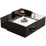 Table basse carre laque noire moderne avec plateau blanc coulissant et 4 tiroirs 75x75x33, 5 cm