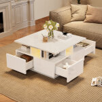 Table basse carr�e avec led contr�lable, table d?appoint canap� 4 tiroirs, finition laqu�e, blanc, 70x70x40 ...