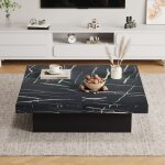 Table basse carr�e noire 90x90x25cm design pierre, 4 tiroirs, plateau coulissant, supporte 30kg, fonctionnelle ...