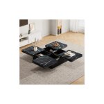 Okwish - table basse carr�e noire aspect marbre, table de salon avec 4 tiroirs et plateau coulissant, ...