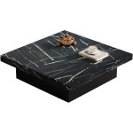 Table basse carr�e noire effet marbre avec 4 tiroirs et plateau coulissant 90x90x25 cm