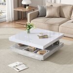 Wishdor - table basse carre avec plateau blanc brillant de table rotatif  360, double plateau pivotant ...