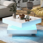 Table basse carr�e plateau pivotant 360�, avec bande led, laqu� blanc, panneau de particules, 70x70x36 ...