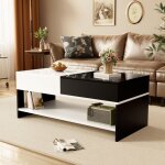 Table basse contemporaine avec deux tiroirs, design noir et blanc, plateau brillant