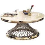 Table basse deluxe ronde plateau verre tremp� marbr� blanc structure chrome d100x45cm