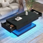 Table basse design �pur� noir laqu� 100x50x45 cm - avec 2 tiroirs & bande led int�gr�e, table d'appoint ...