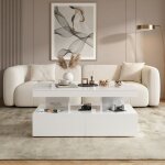 Table basse design led blanche laqu�e brillante - 104 cm avec 2 tiroirs - �clairage rgb ambiance