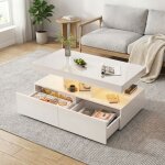 Table basse design led blanche laqu�e brillante - 104 cm avec 2 tiroirs - �clairage rgb ambiance