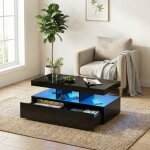 Table basse design led noir laqu�e brillante - 104 cm avec 2 tiroirs - �clairage rgb ambiance