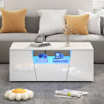 Table basse design moderne 100x50x40cm avec �clairage led, 2 portes et 1 tiroir, surface brillante blanc ...