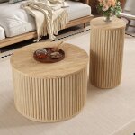 Table basse double ronde 60 x 60 x 38, 5 + 30 x 30 x 56 cm, salon, mdf naturel, motif ray� 3d