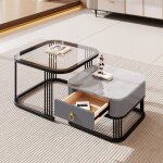 Redom - table basse empilable : aspect marbre brillant et plateau en verre, pieds noirs, table d'appoint ... Redom - table basse empilable : aspect marbre brillant et plateau en verre, pieds noirs, table d'appoint ...