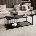 Table basse en fer forg avec plateau en verre, offrant un grand espace de stockage