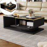 Table basse fixe avec rangement, table de salon en verre avec effet led, finition brillante - 90 cm, ...