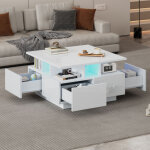 Table basse fixe 70x70x40 cm avec �clairage led, 4 tiroirs, �tag�re, finition laqu�e brillante, blanc ...