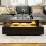 Table basse fixe led noire - rangement - appli bluetooth - acrylique - 2 niveaux - 100x50x42. 5cm