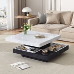 Table basse fixe pivotante - plateau brillant 2 niveaux - rangement - structure noire - 70x70x36(cm)