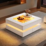 Table basse g�om�trique avec plateau en verre et �clairage led, 3 tiroirs et finition laqu�e brillante, ...