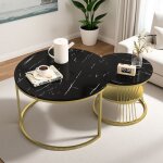 Table basse gigogne 2 pi�ces, extensible, ronde, moderne, motif marbre, avec structure en m�tal, id�ale ...