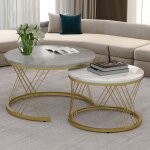 Okwish - lot de 2 table basse gigogne, table basse ronde avec motif marbre brillant, blanc et gris