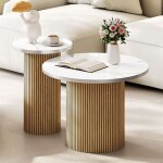 Table basse gigogne rond en chne avec bords en aluminium bross, lot de 2 table d?appoint canneles ...