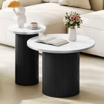 Table basse gigogne rond en noire avec bords en aluminium bross�, lot de 2 table d?appoint cannel�es ...