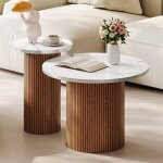 Table basse gigogne rond en noyer avec bords en aluminium bross, lot de 2 table d?appoint canneles ...
