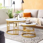 Table basse gigogne ronde, lot de 2, table basse gigogne blanche, pieds en métal doré Table basse gigogne ronde, lot de 2, table basse gigogne blanche, pieds en métal doré