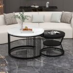 Table basse gigogne ronde lot de 2 - dessus brillant effet pierre et cadre noir, design moderne pour ... Table basse gigogne ronde lot de 2 - dessus brillant effet pierre et cadre noir, design moderne pour ...