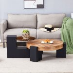 Table basse gigogne ronde 61�30 cm + gu�ridon 44�44 cm, 2 niveaux, plateau verre teint� & mdf d�cor bois, ...