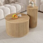 Table basse gigogne ronde, table d'appoint salon / chambre, mdf, 60�60�38. 5 + 30�30�56 cm, naturelle ...