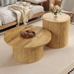 Table basse gigogne ronde, table d'appoint salon / chambre, mdf, 75�75�36 + 50�50�50, 5 cm, naturelle ...