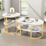 Table basse - table gigogne ronde duo - imitation marbre blanc - structure m�tal dor� - empilable design ...