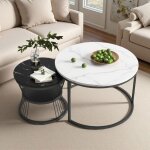 Table basse gigogne ronde - marbre blanc / noir - 2 pi�ces - �70 / 45cm - design contemporain