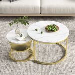 Tables basses gigognes (x2) design industriel chic - plateau effet marbre blanc & pi�tement m�tal dor� ...
