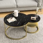 Tables basses gigognes (x2) design industriel chic - plateau effet marbre noir & pi�tement m�tal dor� ...