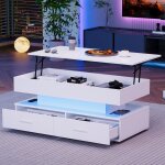 Okwish - table basse blanche brillante avec clairage led, 2 tiroirs - table basse relevable 100x50x44 ...