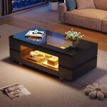 Table basse led 100�50�35cm, avec rangement ouvert, plateau table en verre tremp�, meuble de salon, pour ...