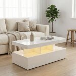 Table basse led 104x53cm, table de salon rectangulaire avec 2 tiroirs et rangement, meuble de salon design ...