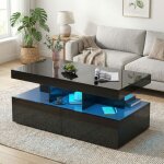 Table basse led 104x53cm, table de salon rectangulaire avec 2 tiroirs et rangement, meuble de salon design ...