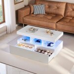 Table basse avec led, design moderne lumineux, �tag�re ouverte et 2 tiroirs, meuble de salon, rectangulaire, ...