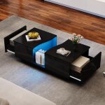 Table basse led moderne avec 2 tiroirs, 100 x 50 x 35 cm, table d'appoint laque noire avec clairage ...